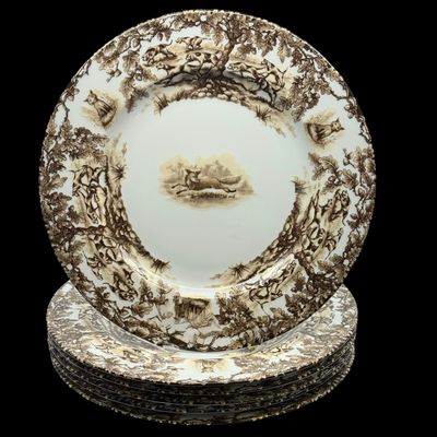 Sale Photo Thumbnail #203: Aiken Hunt dinnerware collection is a timeless pattern inspired by the fox hunting scene of Aiken, South Carolina. Made of porcelain, each piece is hand-decorated and depicts either the Fox or the Hound is an attractive soft brown. Image of running fox an