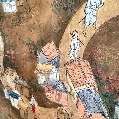 Sale Photo Thumbnail #25: Beautiful antique Japanese six panel folding screen, believed to be dated to the late 19th or early 20th century, featuring a continuous hand painted landscape depicting Mount Fuji, traditional villages, pagodas, winding waterways, and rolling mountains b