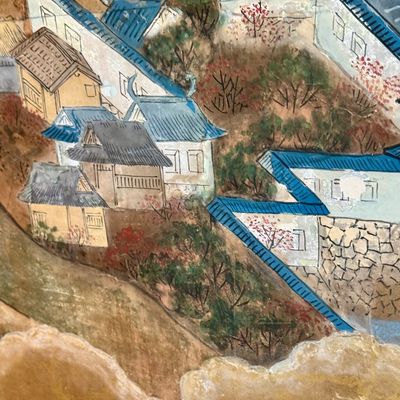 Sale Photo Thumbnail #26: Beautiful antique Japanese six panel folding screen, believed to be dated to the late 19th or early 20th century, featuring a continuous hand painted landscape depicting Mount Fuji, traditional villages, pagodas, winding waterways, and rolling mountains b