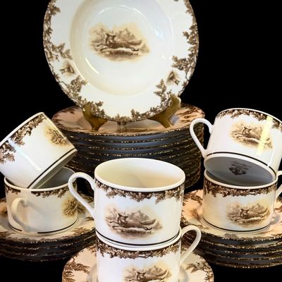 Sale Photo Thumbnail #197: Aiken Hunt dinnerware collection is a timeless pattern inspired by the fox hunting scene of Aiken, South Carolina. Made of porcelain, each piece is hand-decorated and depicts either the Fox or the Hound is an attractive soft brown. Image of running fox an