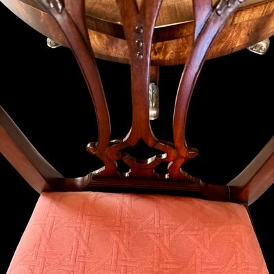 Sale Photo Thumbnail #54: Set of 8 Maitland Smith mahogany Chippendale style dining chairs. High quality craftsmanship with fine carved detail. Knuckle arms with pierced shell covered backs. 
Condition:: Excellent, like new, original finish
Dimensions: 26”W x 22.5”D x 40”H
A