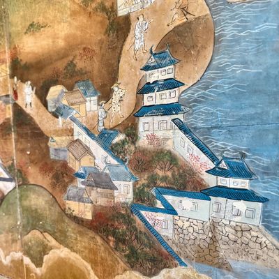 Sale Photo Thumbnail #31: Beautiful antique Japanese six panel folding screen, believed to be dated to the late 19th or early 20th century, featuring a continuous hand painted landscape depicting Mount Fuji, traditional villages, pagodas, winding waterways, and rolling mountains b