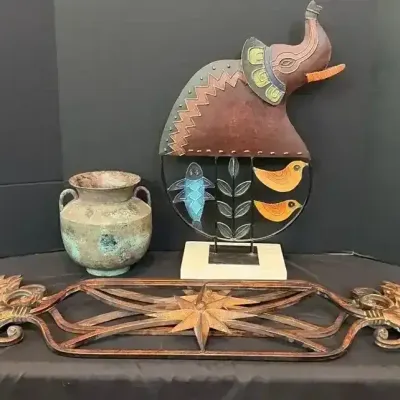 Sale Photo Thumbnail #31: Metal Decor: Animal Sculpture, Urn & 2 Distressed Wall Hangings 