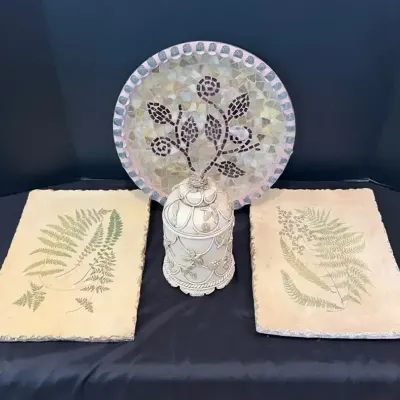 Sale Photo Thumbnail #34: Heavy Tile & Mosaic Platter, Fern Wall Hangings, Keepsake Jar