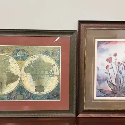 Sale Photo Thumbnail #18: 2 Framed Prints: Gold Foil Double Hemisphere & Abstract Flower