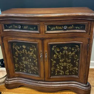 Sale Photo Thumbnail #9: Wooden Chest W/Painted Details & Metal And Glass Lamp