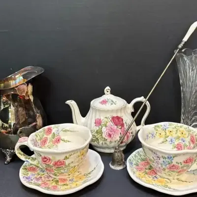 Sale Photo Thumbnail #38: English Garden Don Swanson Tea Cups, Oneida Pitcher & Sadler Teapot