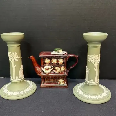 Sale Photo Thumbnail #2: Wedgwood Jasper Wear Candlesticks & Royal Albert Teapot