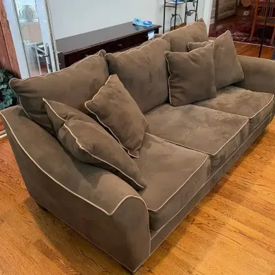 Sale Photo Thumbnail #16: Ultrasuede Brown W/Contrast Piping 3-Piece Loose Cushion Sofa W/ 4 Throw Pillows