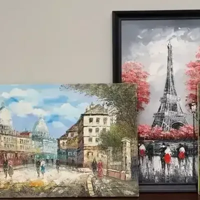 Sale Photo Thumbnail #30: 3 Large Signed Oil Paintings: Eiffel Tower, European Street, Garden 