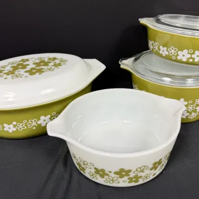 Sale Photo Thumbnail #8: Vintage Pyrex Spring Blossom Green (Crazy Daisy) covered casseroles and mixing bowls, circa 1970s.