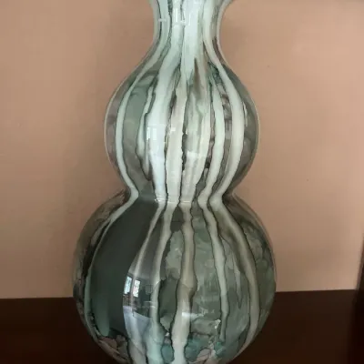 Double-gourd blown glass vase featuring a marbled white, grey, and teal striped pattern, in excellent condition.