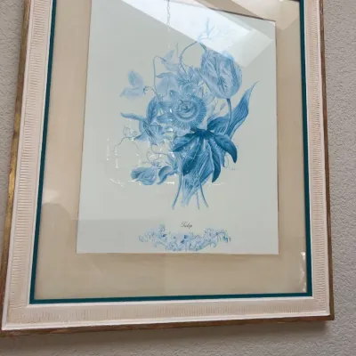 Framed cyanotype-style botanical art print featuring a floral arrangement titled 'Tulip'. Set behind glass in a cream and teal...