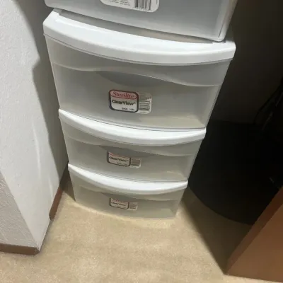 Sterilite ClearView 3-drawer plastic storage cart with white frame and clear drawers, featuring an extra matching storage drawer stacked...