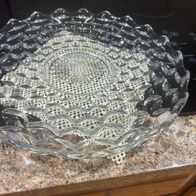 Vintage Fostoria American pattern clear glass platter with scalloped rim and diamond point design.