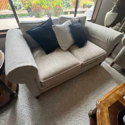 Contemporary beige upholstered loveseat featuring rolled arms and padded cushions, styled with black and patterned accent pillows.