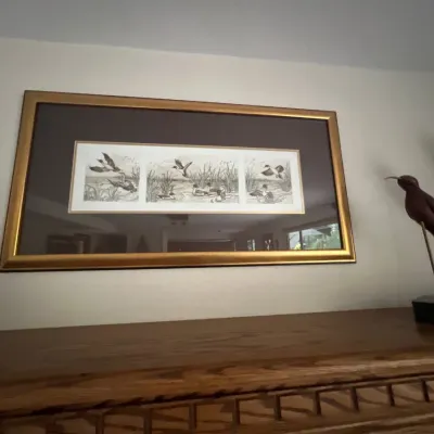 Framed triptych print featuring waterfowl in a gold-finished wood frame, alongside two decorative wooden bird figurines.