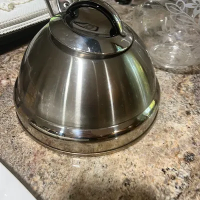 Brushed stainless steel whistling tea kettle with black ergonomic handle and lid accent, sitting on a speckled countertop in gently used...