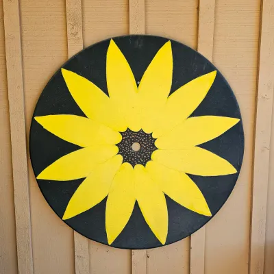 Sale Photo Thumbnail #23: Vintage, large metal patio table top repurposed into a beautiful art piece.