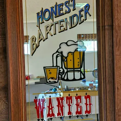 Sale Photo Thumbnail #31: 1970's large "Honest Bartender Wanted" framed bar mirror wall sign.