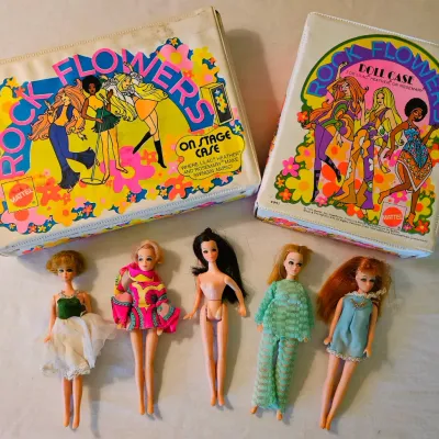 Sale Photo Thumbnail #17: Vintage 1970's Mattel "Rock Flowers" fashion dolls & cases.