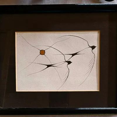 Sale Photo Thumbnail #32: Vintage minimalist ink & gouache by renowned Ojibwe artist Benjamin Chee Chee.