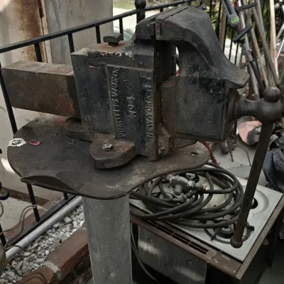 Sale Photo Thumbnail #33: Antique Prentiss Vise Co. (New York) No. 4 cast-iron bench vise mounted on pedestal stand.