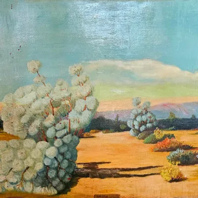 Sale Photo Thumbnail #34: Large vintage Southwestern desert painting on board by P. Welfelt. (Unframed)