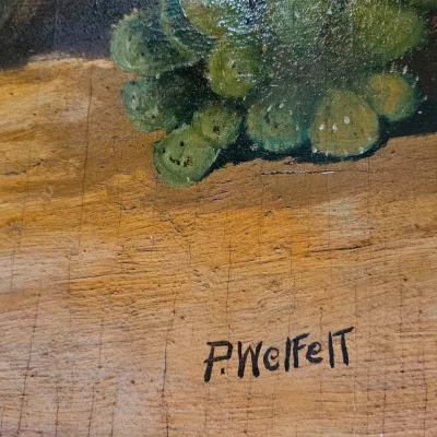 Sale Photo Thumbnail #35: Large vintage Southwestern desert painting on board by P. Welfelt. (Unframed)