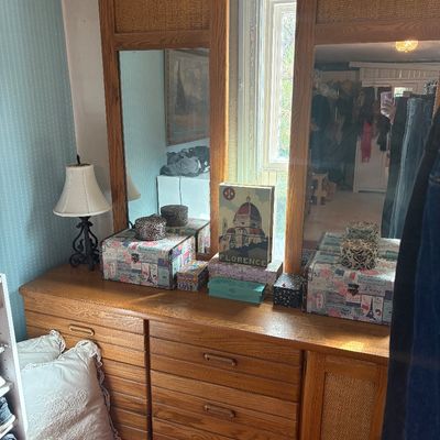 Sale Photo Thumbnail #45: Broyhill lowboy dresser w/ mirrors.