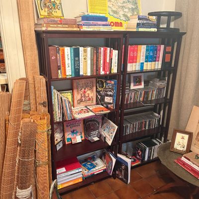 Sale Photo Thumbnail #59: Books, CDs, + DVDs + bookshelves, + bamboo window coverings.