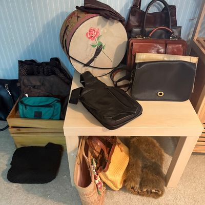 Sale Photo Thumbnail #34: Vintage hat box + purses.