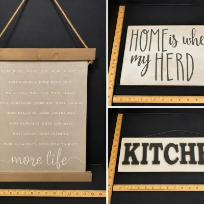 Collection of three rustic farm-style decorative wall signs, featuring inspirational phrases and a black 'KITCHEN' plaque.