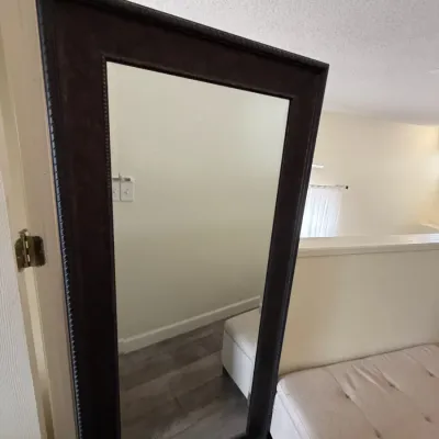 Large contemporary full-length floor mirror with a thick, dark bronze-toned molded frame.