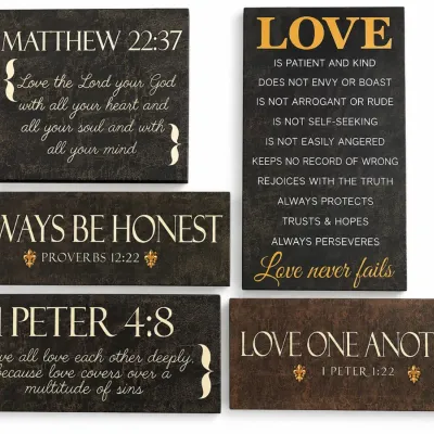 Set of five wooden wall plaques with distressed black and brown finishes featuring printed Bible verses.