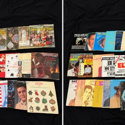 Large collection of vintage vinyl LP records and sheet music books featuring Elvis Presley, Dean Martin, Lawrence Welk, and various...