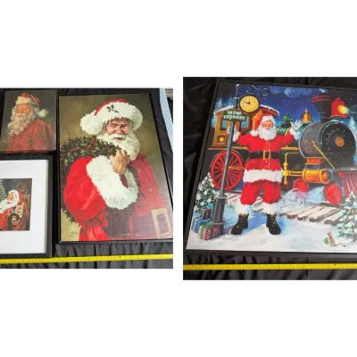 Collection of framed Santa Claus holiday artwork, including canvas prints and framed pictures featuring classic Christmas scenes and...