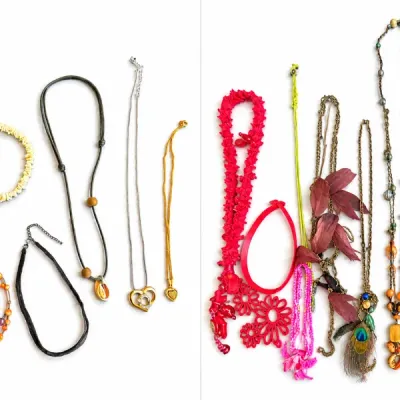 Collection of eclectic fashion jewelry necklaces featuring beaded, metallic, fabric, and pendant designs in various colors and styles.