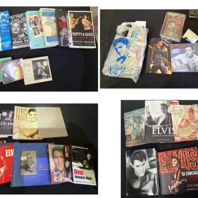 Four-panel view of a large collection of Elvis Presley memorabilia, including hardcover coffee table books, biographies, paperbacks,...