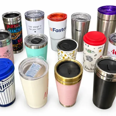 Collection of insulated stainless steel travel tumblers and mugs in various colors, patterns, and sizes.