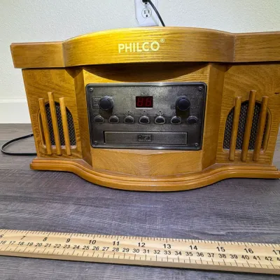 Philco retro-style wooden music center featuring a built-in CD player and digital display screen.