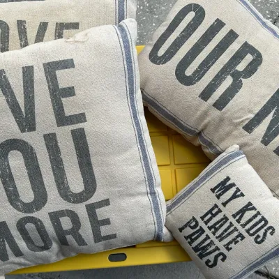 Set of four farmhouse-style throw pillows made from canvas material with woven blue stripes and stenciled text.