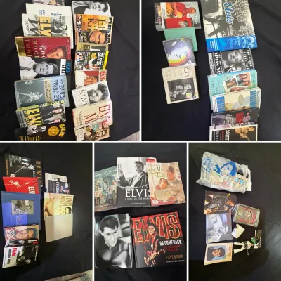 Collection of Elvis Presley memorabilia, including a large variety of biography books, souvenir publications, CD box sets, photos, and...