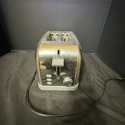 Modern two-slice stainless steel toaster with grey trim, featuring browning control and high-lift lever.