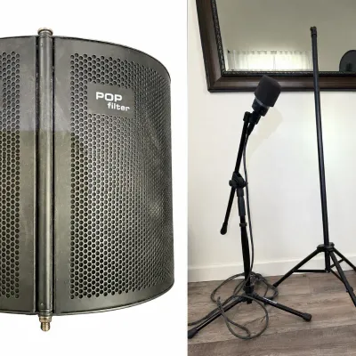Aokeo microphone pop filter and isolation shield shown alongside audio equipment including microphone stands and microphones.