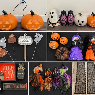 Collection of Halloween decorations including blow mold illuminated jack-o'-lanterns, ceramic ghosts, witch figurines, signs, garden...