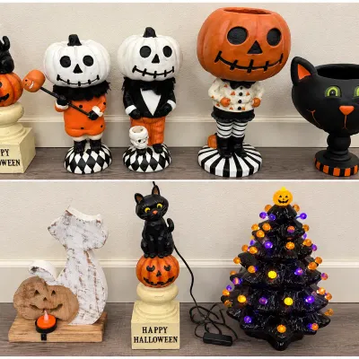 Collection of vintage-style Halloween decorations, featuring jack-o'-lantern figures, black cat decor, and a lighted black ceramic...