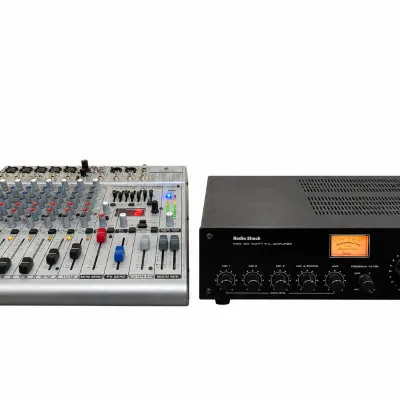 Behringer Xenyx audio mixing console paired with a Radio Shack mini 50-watt P.A. amplifier featuring an analog VU meter.