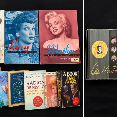 Collection of Hollywood biography books featuring Frank Sinatra, Lucille Ball, Marilyn Monroe, and Desi Arnaz, alongside a Dean Martin...