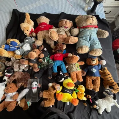 Large collection of plush stuffed animals featuring teddy bears, a moose, a duck, a tiger, and various other characters spread out on a...